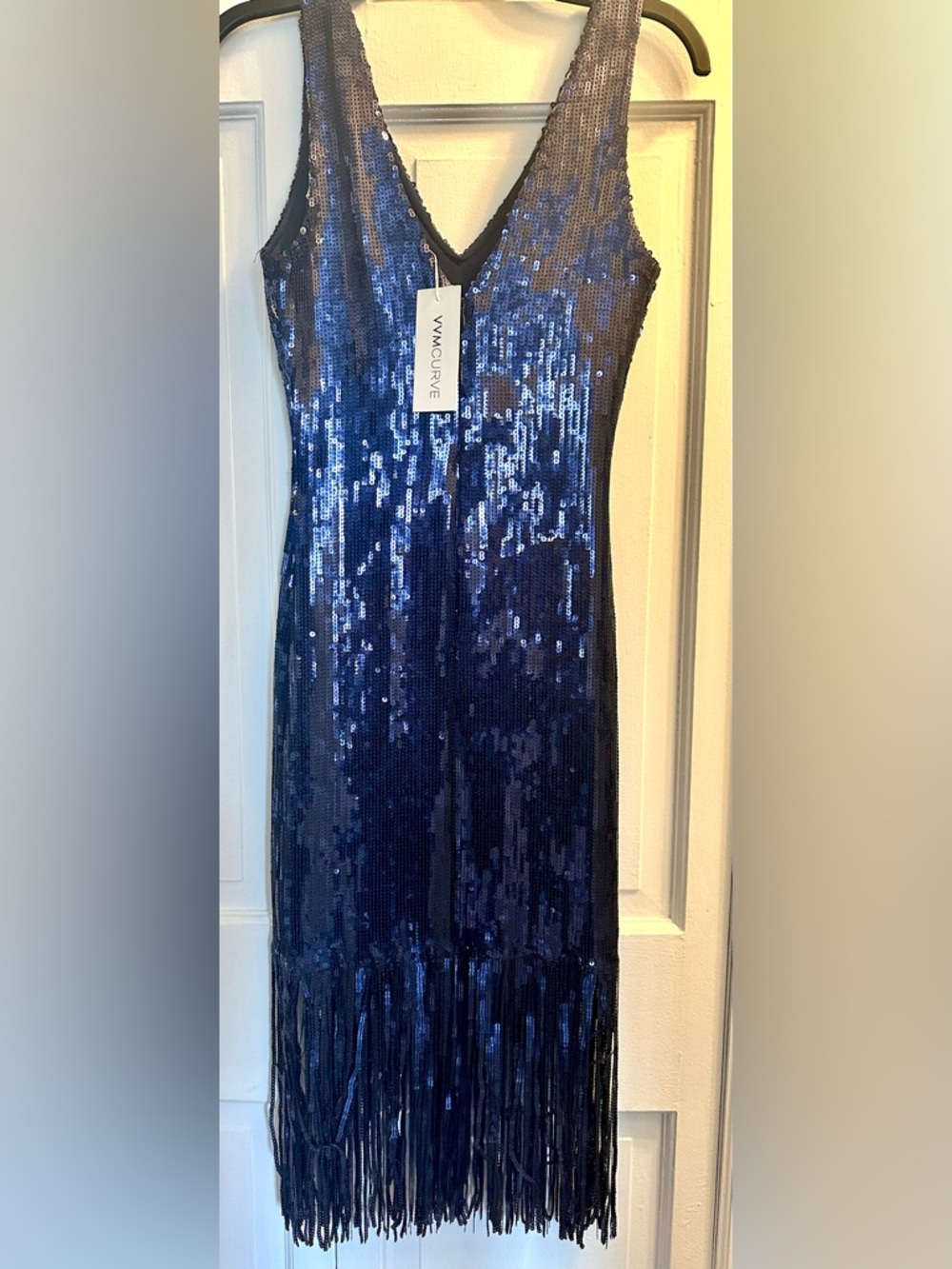 vvmcurve Navy Sequin Fringe V-Neck Dress